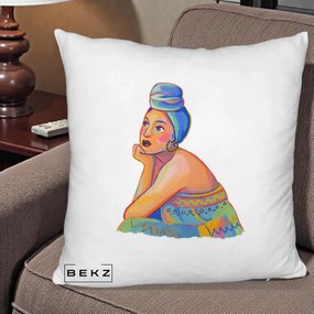 Perna Decorativa Portret Femeie Contemplativa, 40x40 cm, Alb Pufos, Husa Detasabila, Perna Inclusa, BEKZ®