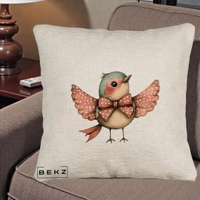 Perna Decorativa Pasare Roz cu Aripi si Fundita, 40x40 cm, Bej Canapea, Husa Detasabila, Perna Inclusa, BEKZ®