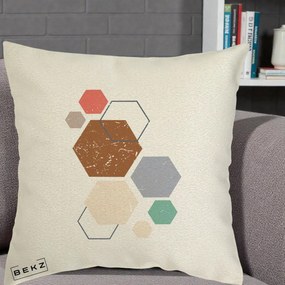 Perna Decorativa Geometric Hexagoane Multicolor, 40x40 cm, Ecru, Husa Detasabila, Perna Inclusa, BEKZ®
