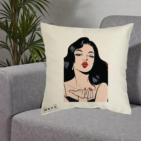 Perna Decorativa Femeie Pop-Art Kiss, 40x40 cm, Ecru, Husa Detasabila, Perna Inclusa, BEKZ®