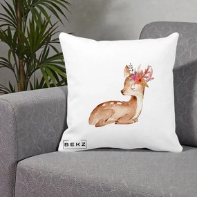 Perna Decorativa Caprioara cu Flori in Coama, 40x40 cm, Alba Mata, Husa Detasabila, Perna Inclusa, BEKZ®
