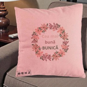Cadou pentru Bunica - Perna Personalizata Cea Mai Buna Bunica Coronita Flori Roz, 40x40 cm, Roz, Husa Detasabila, Perna Inclusa, BEKZ®