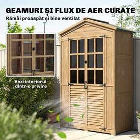 Outsunny Dulap de Grădină din Lemn de Brad cu Rafturi și Ferestre din Acril, Căsuță Depozitare Unelte Exterioare cu Acoperiș Asfaltat, Uși Blocabile, 128x57.5x197 cm, Maro Deschis | Aosom Romania