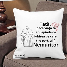 Cadou pentru Tata - Perna Personalizata Tata Nemuritor Bicicleta, 40x40 cm, Alba Mata, Husa Detasabila, Perna Inclusa, BEKZ®