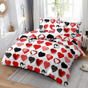 Lenjerie de pat din microfibra alba, HEARTS RED AND BLACK
