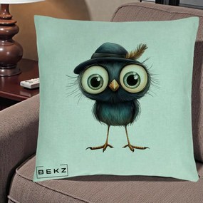 Perna Decorativa Pui Misterios cu Palarie Neagra, 40x40 cm, Verde Menta, Husa Detasabila, Perna Inclusa, BEKZ®