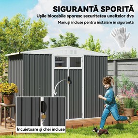 Outsunny Șopron de Grădină cu 4 Guri de Ventilație, 2 Ferestre și Acoperiș Înclinat, 246x117x161/180 cm, Gri Închis | Aosom Romania