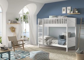 Pat supraetajat pentru copii SCOTT, alb, 90 x 200 cm, din pin scandinav și MDF, cu somiere incluse și 2 sertare pentru depozitare – Vipack