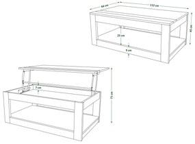 Mazzoni LUSSO Stejar Artisan/Negru Mat - MĂSUȚĂ MODERNĂ CU BLAT RIDICAT + COMPARTIMENT + RAFT (PE ROȚI!)