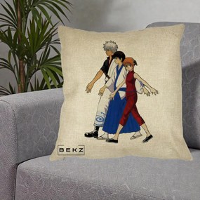 Perna Personalizata Gintama Trio Gintoki Shinpachi Kagura, 40x40 cm, Crem, Husa Detasabila, Perna Inclusa, BEKZ®