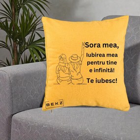 Cadou pentru Sora - Perna Personalizata Sora Mea Te Iubesc Line Art Portrete Colorate, 40x40 cm, Galben, Husa Detasabila, Perna Inclusa, BEKZ®
