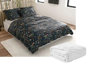 Set Lenjerie cocolino THE FOX AND THE HARE verde inchis + Cearsaf Cocolino microplus cu elastic SOFT 180x200 cm alb, pat dublu