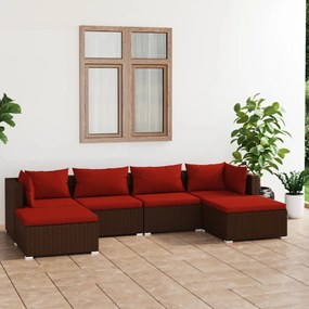 Set mobilier de gradina cu perne, 6 piese, maro, poliratan maro si rosu, 2x colt + 2x mijloc + 2x suport pentru picioare, 1