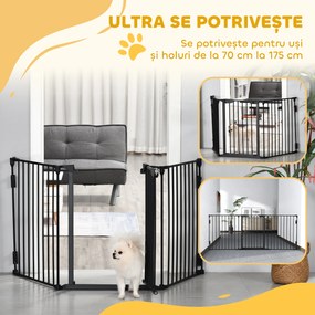 PawHut Poartă Metalică de Siguranță, Barieră pentru Câini cu Sistem de Autoînchidere, Reglabilă și Pliabilă, 180x3x74.5 cm, Negru | Aosom Romania