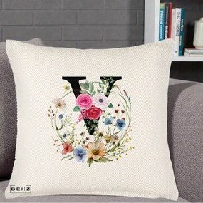 Cadou Personalizat - Perna Personalizata Monograma Florala Litera V cu Coroana, 40x40 cm, Crem Reliefat, Husa Detasabila, Perna Inclusa, BEKZ®