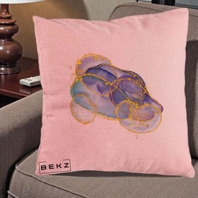 Perna Decorativa Abstract Acuarela Albastru-Mov cu Cercuri Aurii, 40x40 cm, Roz, Husa Detasabila, Perna Inclusa, BEKZ®