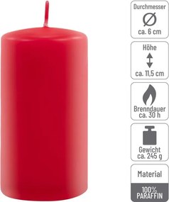 Set de lumânări pilon, 11,5 cm, Ø 6 cm, roșu, 6 buc.
