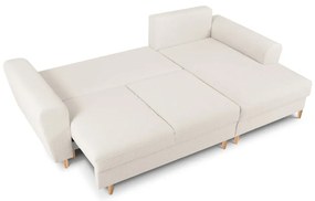 Colțar bej extensibil, cu spațiu de depozitare cu tapițerie din țesătură bouclé (cu colț pe partea dreaptă, cu șezlong) Kyoto – Cosmopolitan Design