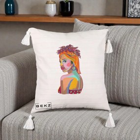 Perna Decorativa Portret Femeie Colorat Pop Art, 40x40 cm, Bej cu Franjuri, Husa Detasabila, Perna Inclusa, BEKZ®