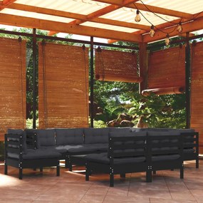 3096753 vidaXL Set mobilier de grădină cu perne 10 piese negru lemn masiv pin