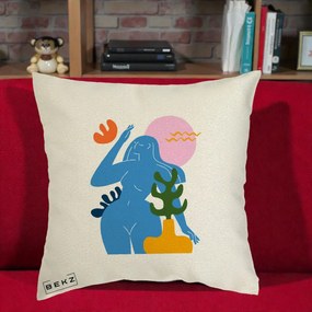 Perna Decorativa Femeie Albastra Cactus, 40x40 cm, Ecru, Husa Detasabila, Perna Inclusa, BEKZ®