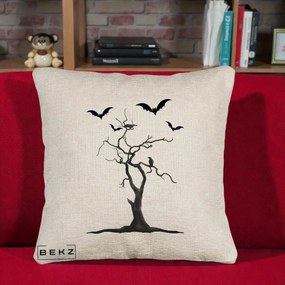 Perna Decorativa Halloween Copac cu Lilieci Alb-Negru, 40x40 cm, Bej Canapea, Husa Detasabila, Perna Inclusa, BEKZ®