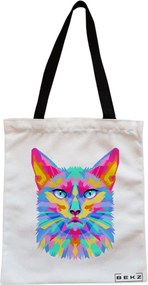 Sacosa de Panza pentru Cumparaturi, Geanta Tote, model Colorful Geometric Cat, Cu fermoar, 38x34.5 cm, Alba, BEKZ®