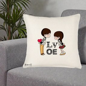 Cadou Romantic - Perna Personalizata Cuplu Kawaii LOVE, 40x40 cm, Crem Reliefat, Husa Detasabila, Perna Inclusa, BEKZ®