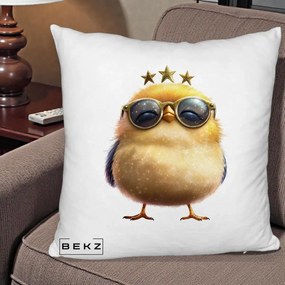 Perna Decorativa Pui Gold Star cu Ochelari Aurii, 40x40 cm, Alb Pufos, Husa Detasabila, Perna Inclusa, BEKZ®