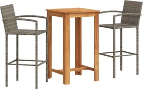 vidaXL Set bar de grădină, 3 piese, gri, lemn masiv acacia/ poliratan