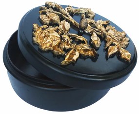 Caseta bijuterii,cutie lemn decorata cu flori aurii in relief pe capac,D20cm