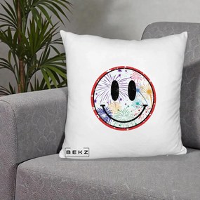 Perna Decorativa Smiley Face cu Artificii Multicolore, 40x40 cm, Alb Pufos, Husa Detasabila, Perna Inclusa, BEKZ®