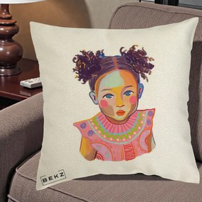 Perna Decorativa Fetita Vesela Portret Colorat, 40x40 cm, Ecru, Husa Detasabila, Perna Inclusa, BEKZ®