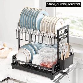 Scurgator vase chiuveta etajat, cu protectii cauciuc, suport pahare si tacamuri, tub de scurgere, negru, 43x39x21cm