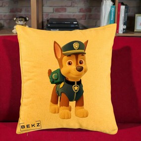 Perna Personalizata Chase PAW Patrol Albastru, 40x40 cm, Galben, Husa Detasabila, Perna Inclusa, BEKZ®