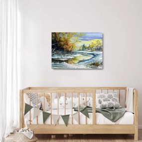 Tablou pe sticlă - Râu de iarnă, pictură în ulei (70x50 cm)