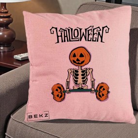 Perna Decorativa Halloween Schelet cu Cap de Dovleac Powerlifting, 40x40 cm, Roz, Husa Detasabila, Perna Inclusa, BEKZ®