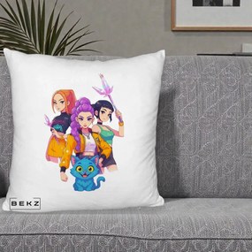 Perna Personalizata K-pop HUNTRX Trio cu Pisica si Cristale, 40x40 cm, Alb Pufos, Husa Detasabila, Perna Inclusa, BEKZ®