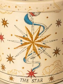 Lumânare artizanală în recipient metalic bej cu motive astrale pictate manual, 10×9 cm, „The Star"