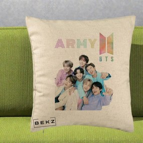 Perna Personalizata K-pop BTS ARMY Fotografie Grup Veseli, 40x40 cm, Bej, Husa Detasabila, Perna Inclusa, BEKZ®