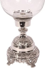 Suport lumânare din alamă lucrată manual și sticlă, argintiu, cu picior înalt, cilindru transparent și două mânere sculptate, 59,5 x 20 cm, „Assiya”