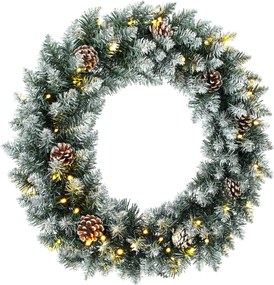 HOMCOM Coroniță de Crăciun 60 cm cu lumini LED, 8 moduri, 140 ramuri, conuri de pin, verde | Aosom Romania