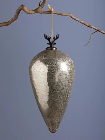 Glob decorativ din sticlă și metal, argintiu, formă de picătură, cap de cerb cu coarne ramificate în vârf, finisaj patinat, 35 x 16 cm, „Cerf”
