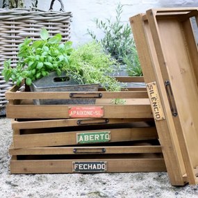 Set 4 tăvi din lemn cu mânere metalice și plăcuțe cu text, "Tienda"