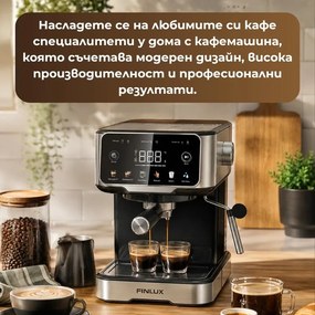 Espressor manual pentru cafea macinata Finlux FEM-1655BS, 1100 W, 20 bar, 1,5 l, Ecran tactil, Bloc termic, Duza de abur, Argintiu/Negru