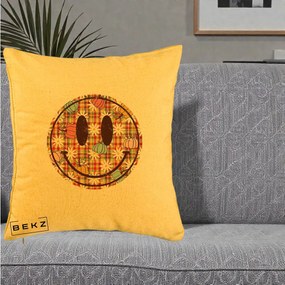 Perna Decorativa Smiley Face de Toamna cu Tartan si Dovlecei, 40x40 cm, Galben, Husa Detasabila, Perna Inclusa, BEKZ®