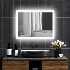 Kleankin Oglinda LED, Oglinda de Machiaj de Perete cu 3 Lumini, 800x600mm, Tactilă, Anti-Ceță, Montare Orizontală/Verticală | Aosom Romania