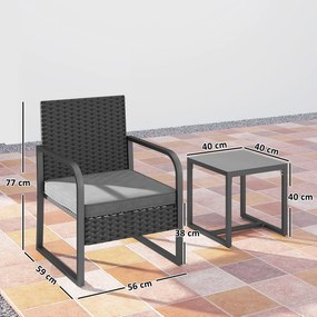 Outsunny Set de Grădină 3 Piese din Rattan PE și Oțel, Set cu 2 Fotolii cu Perne Lavabile și Măsuță de Cafea cu Blat din Sticlă, Set de Mobilier pentru Balcon, Terasă sau Curte, Gri Închis și Negru | Aosom Romania