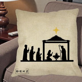 Perna Decorativa Nasterea Pruncului Silueta Neagra si Stea Aurie, 40x40 cm, Crem, Husa Detasabila, Perna Inclusa, BEKZ®