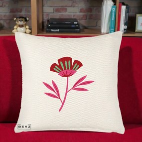 Perna Decorativa Floare Macul Roz-Rosu Grafic, 40x40 cm, Crem Reliefat, Husa Detasabila, Perna Inclusa, BEKZ®